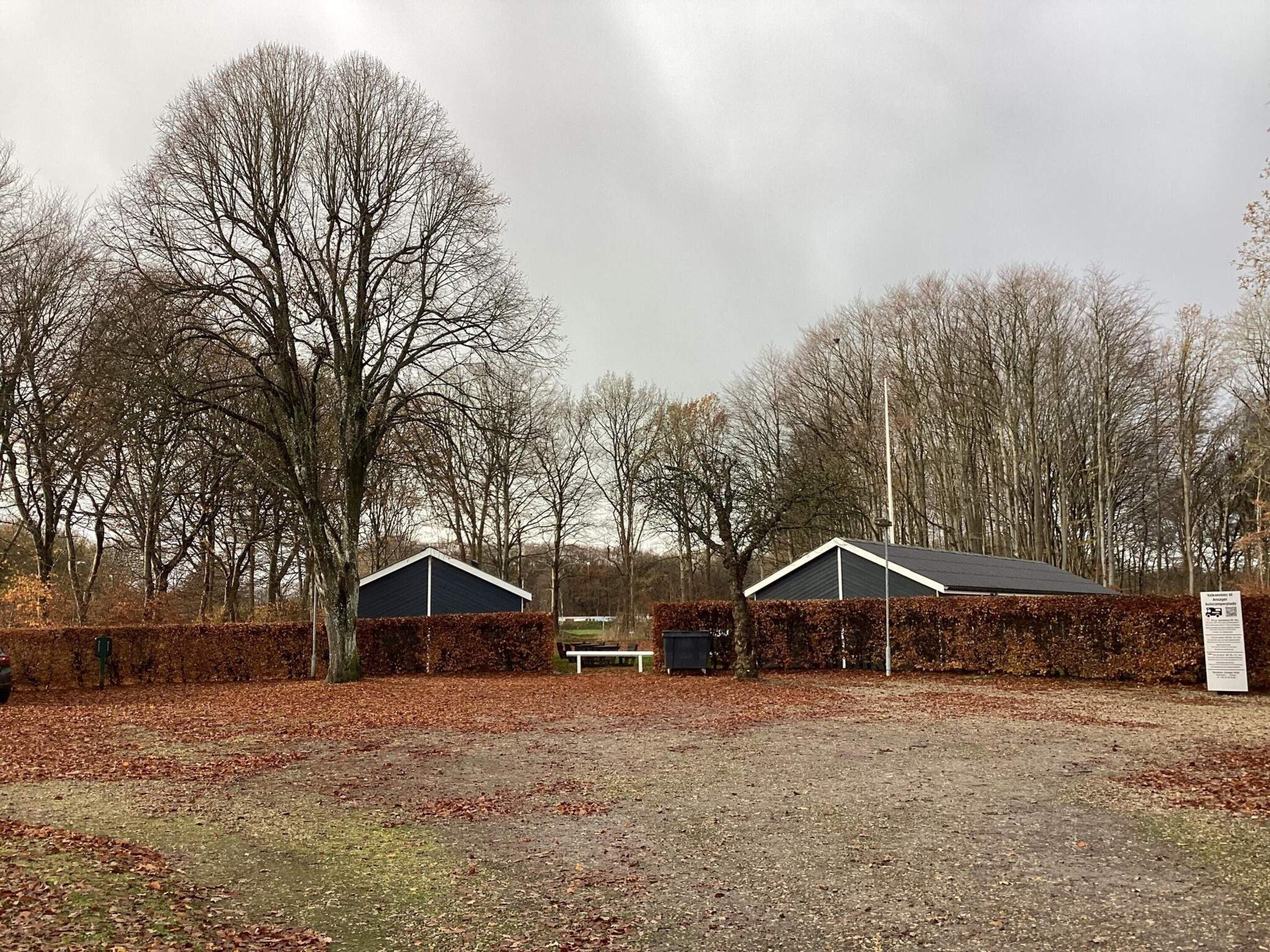 A rural property with two barns, a paved area, and leaf-covered ground.