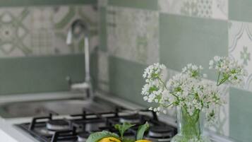 Fridge, stovetop, coffee/tea maker, electric kettle