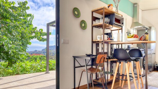 Una cucina con vista su spazi verdi e sulla città.
