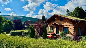 A wooden cabin with a sloped roof, surrounded by lush greenery and a clear blue sky. - Blockhutte im Harz mit Sauna und Kamin (Goslar)