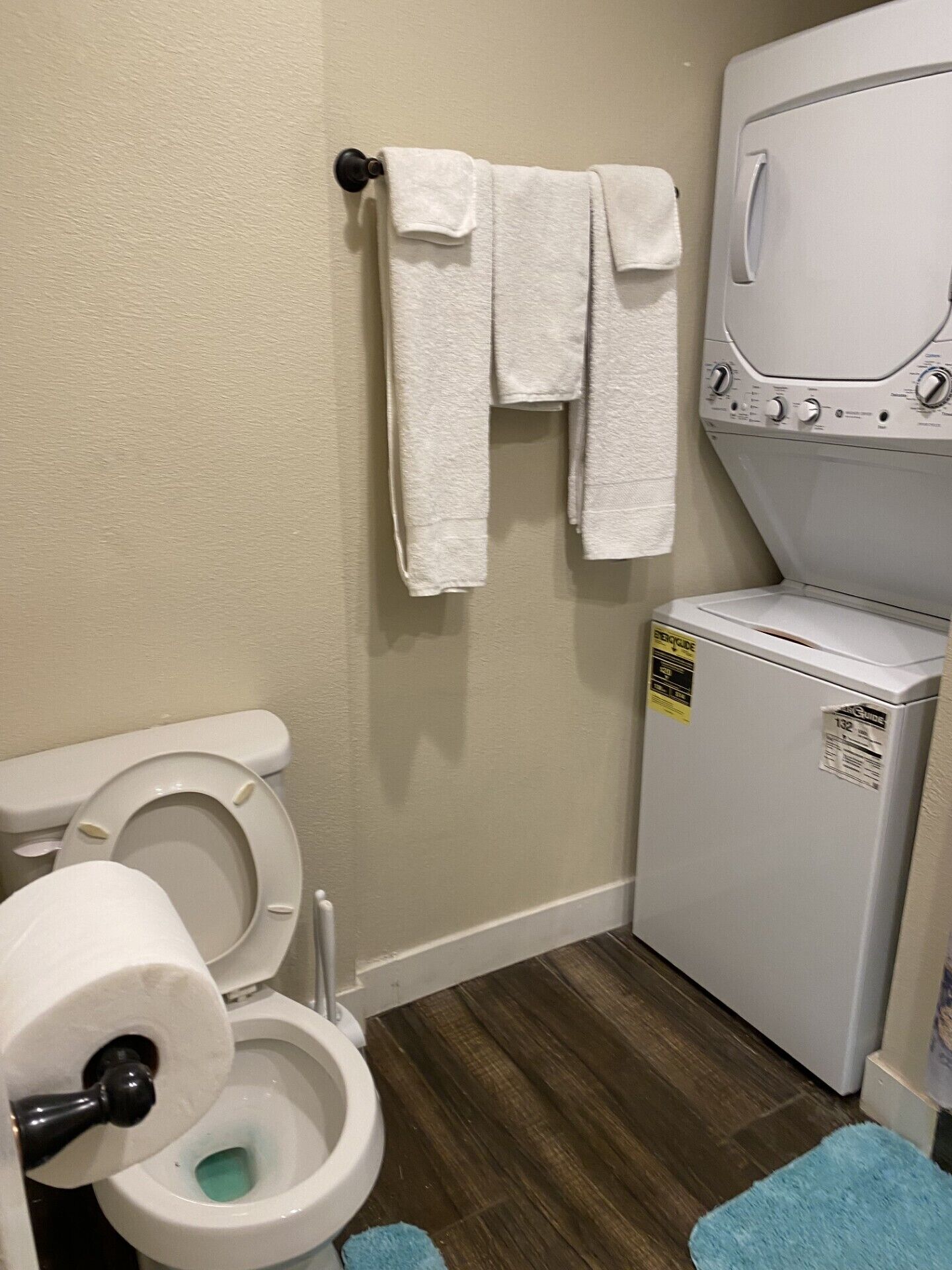 Shower, towels, soap, toilet paper