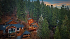 Un conjunto de cabañas de madera rodeado de un bosque frondoso, con varias construcciones conectadas por pasarelas.