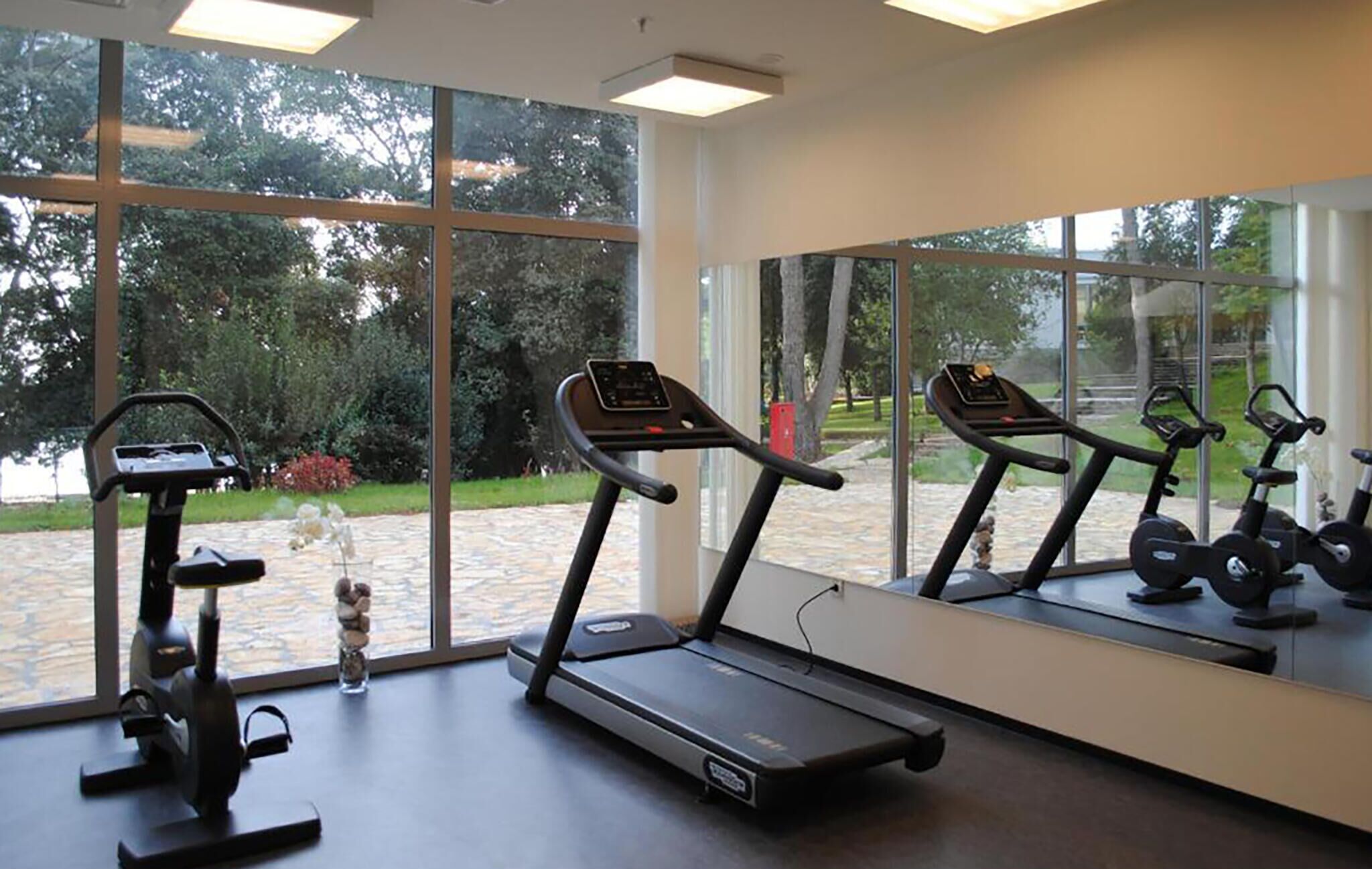 A gym with treadmills and exercise equipment, large windows with a view of trees and a patio area.