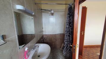 A bathroom with a sink, mirror, shower, and a door leading to another room.