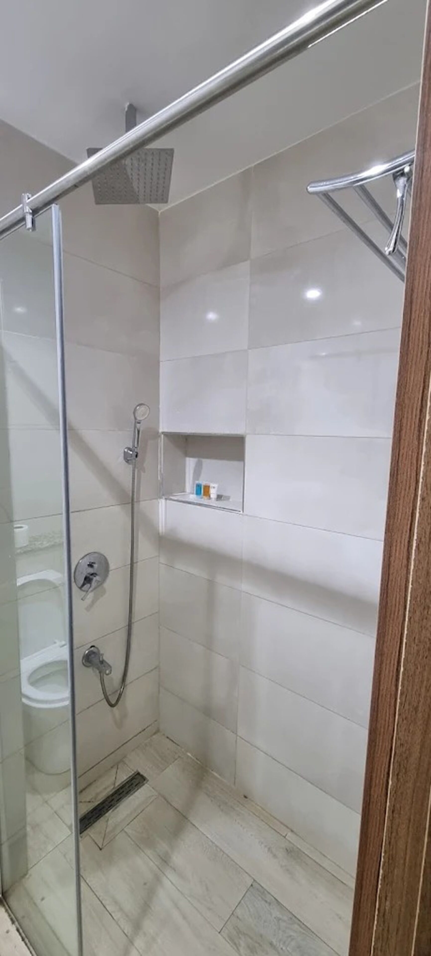 A glass-enclosed shower area with a metal handrail, a glass door, and a tiled floor.