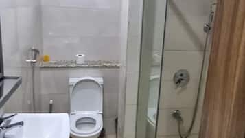 Shower, free toiletries, towels, soap