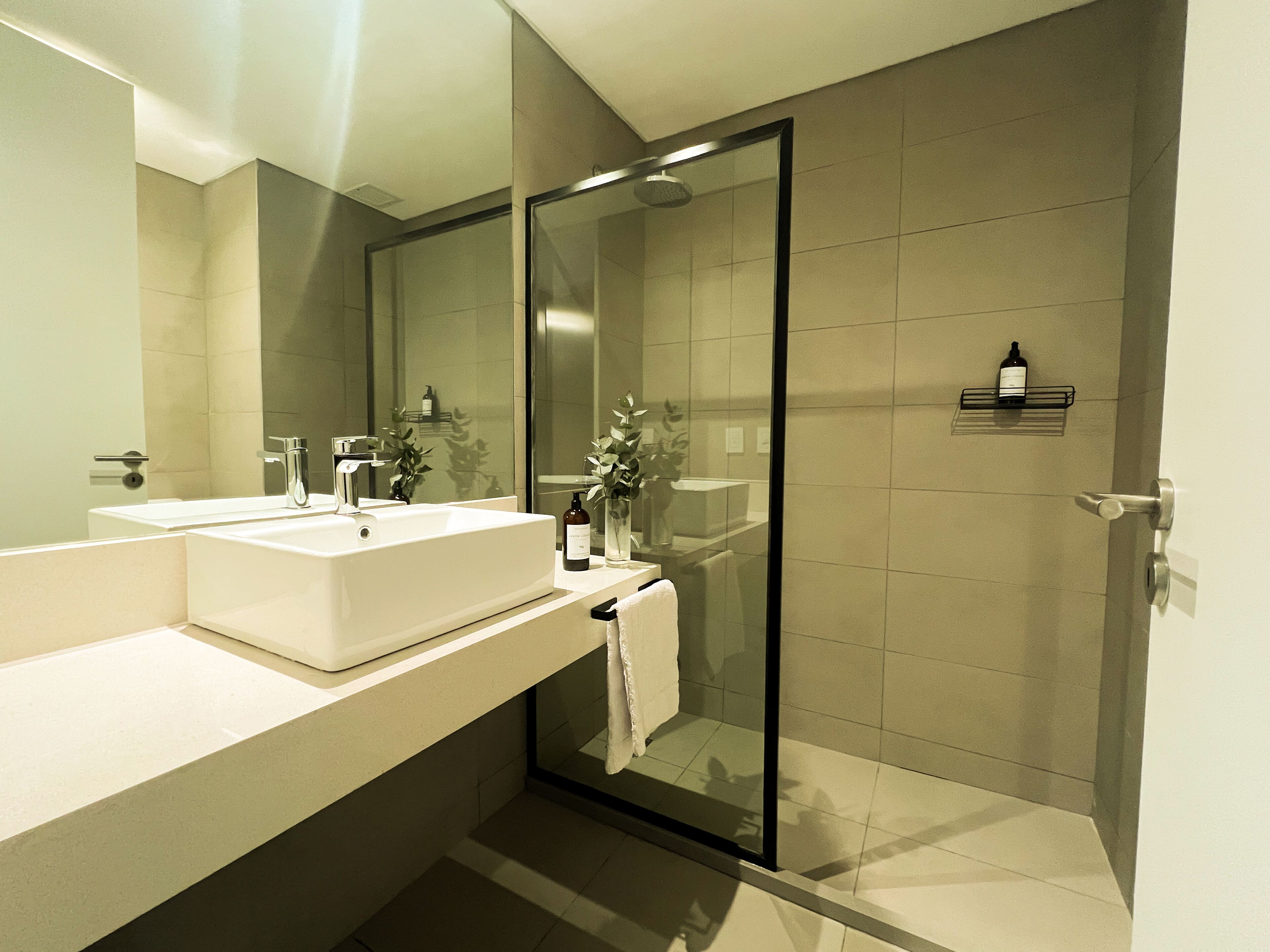 Shower, hair dryer, bidet, towels