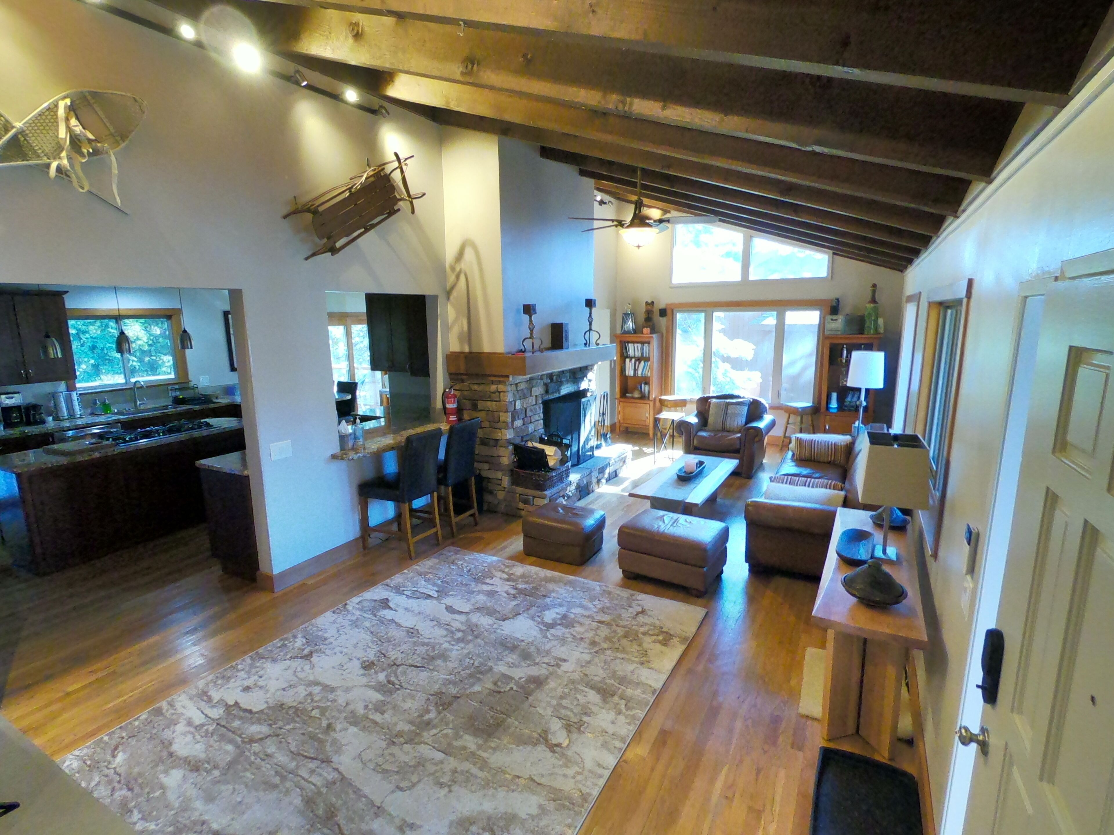 Smart TV, fireplace, table football, books