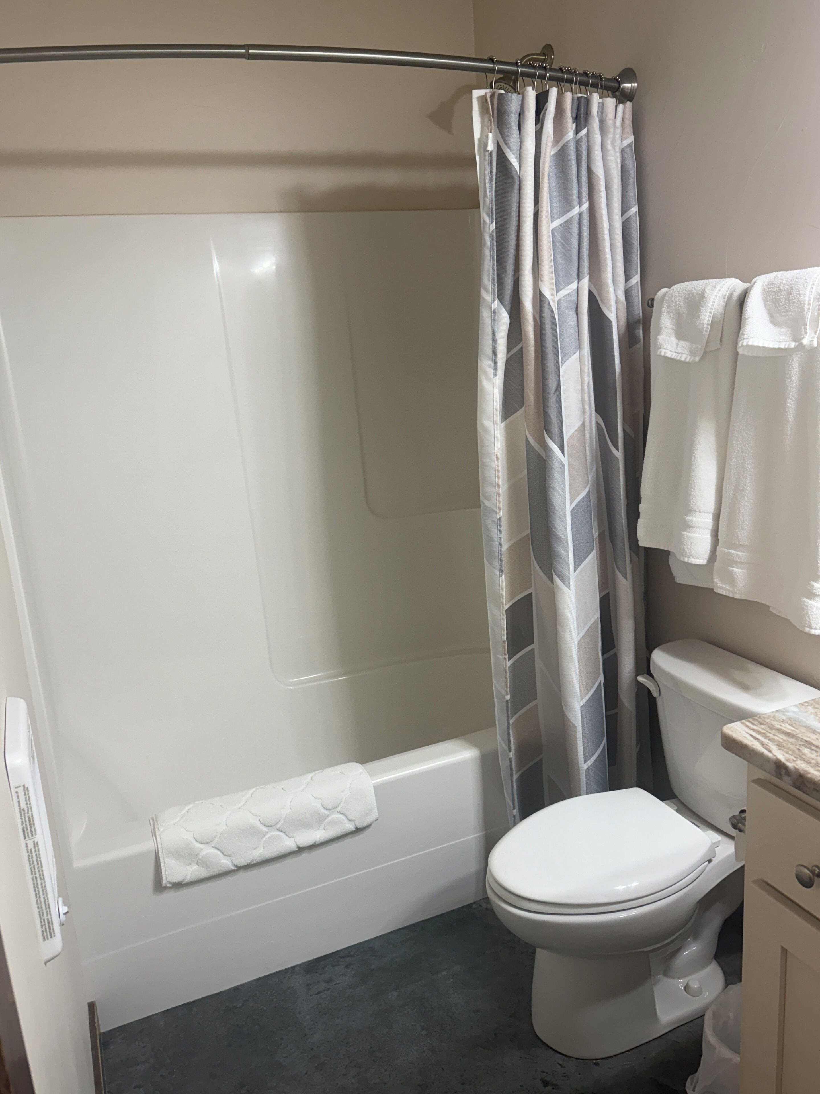 Hair dryer, towels, soap, shampoo