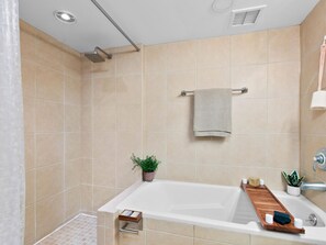 Hair dryer, towels, soap, toilet paper