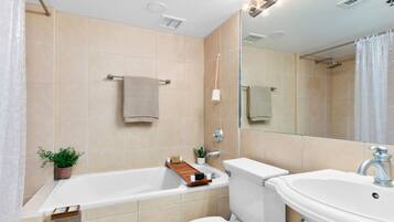 Hair dryer, towels, soap, toilet paper