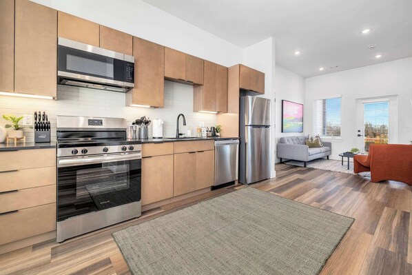 Fridge, microwave, dishwasher, coffee/tea maker