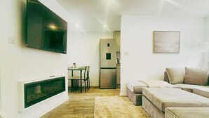 Ein modernes Wohnzimmer mit Flachbildfernseher, Kamin, Sofa und Essbereich.