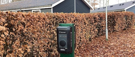 Un poteau métallique vert avec un appareil noir portant l’inscription « Clever », placé devant une haie.