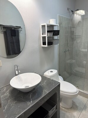 Regadera, toallas, jabón, papel de baño 