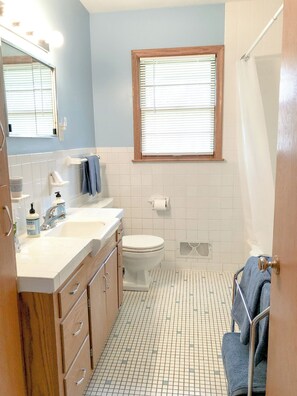 Ein Badezimmer mit Waschbecken, Toilette und Dusche.