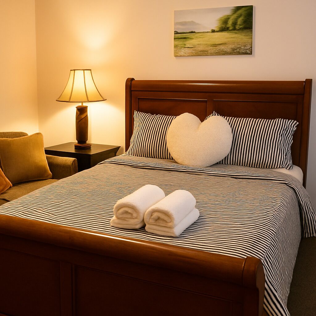 Skrivebord, strykejern/-brett, wi-fi (inkludert) og sengetøy