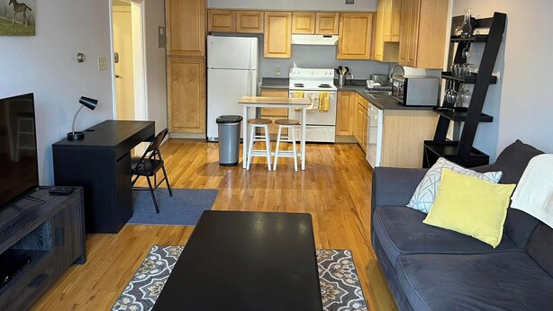 A compact living space with a kitchenette, a dining area, a sofa, and a TV. - Cute 1-bedroom condo in Denver's Cap Hill neighborhood (Denver)