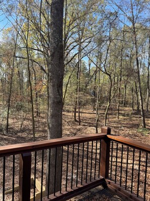 A wooden deck with a metal railing overlooking a forested area. - Gorgeous New Skyfall Cabin in Broken Bow Sleeps 10 in Style with Huge Deck! (Broken Bow)