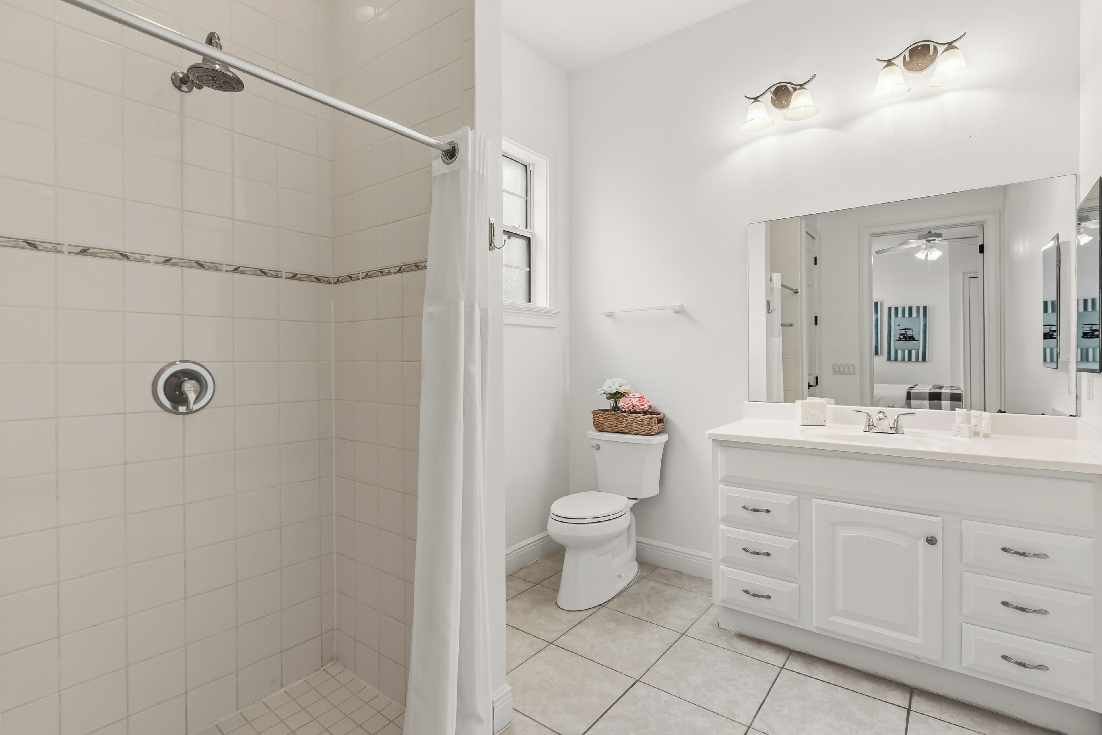 A bathroom with a shower, toilet, and vanity with a mirror.