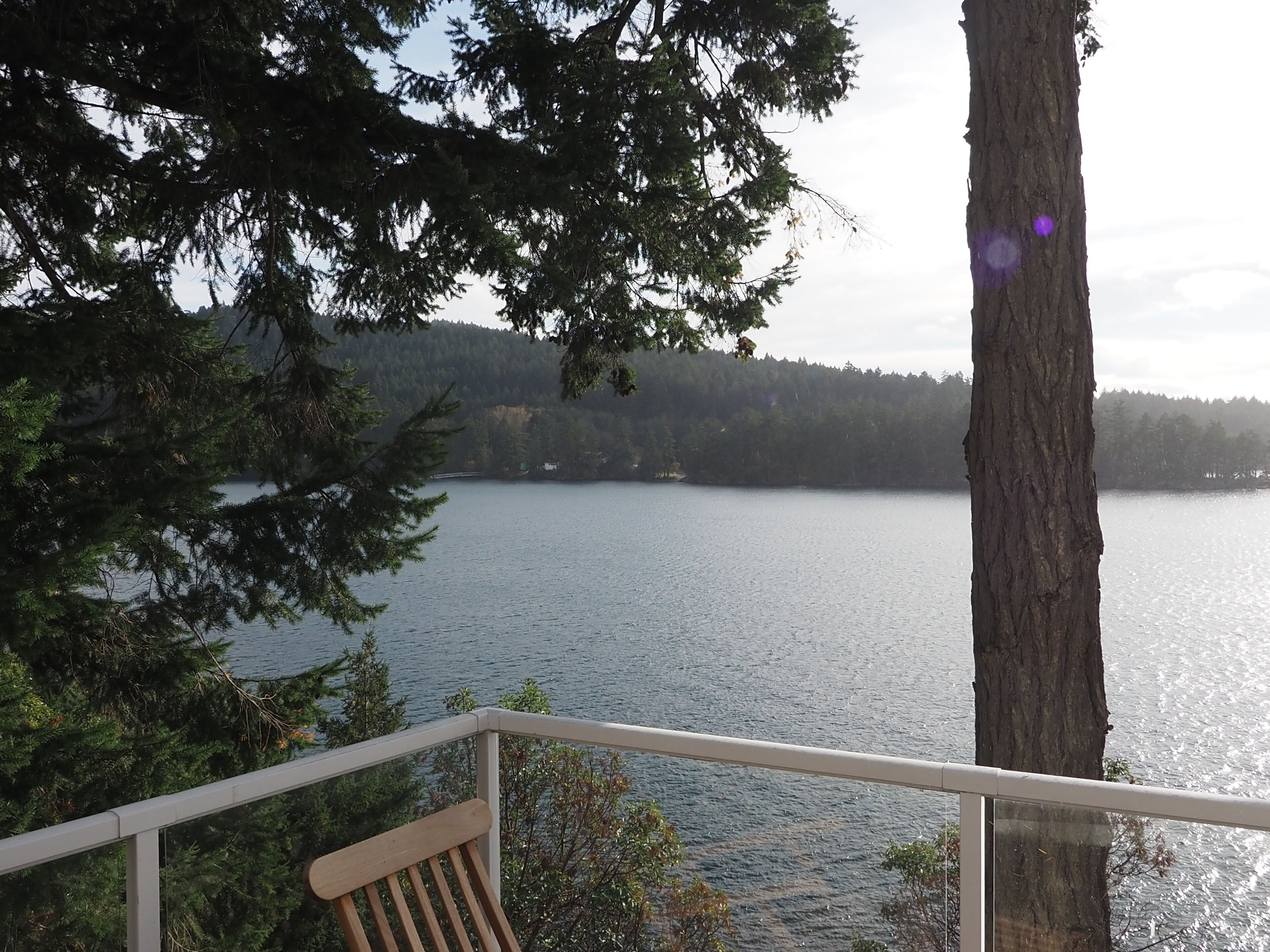 A lakeside view from a balcony with a wooden chair, surrounded by trees and a clear sky.