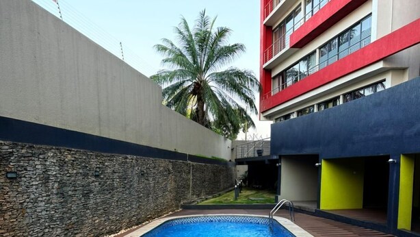 Une piscine avec un mur en pierre et un palmier en arrière-plan.