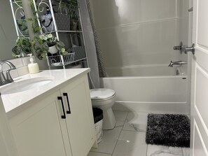 Hair dryer, towels, soap, toilet paper