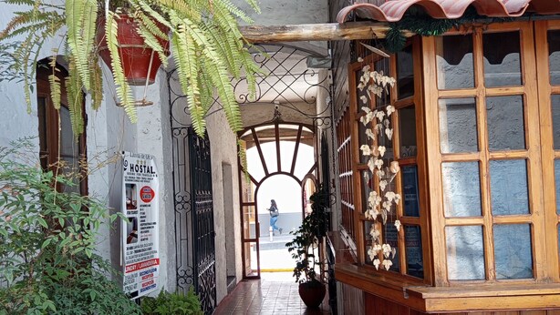 A hallway with a checkered floor, potted plants, a wooden structure with windows, and a sign indicating a hostel.