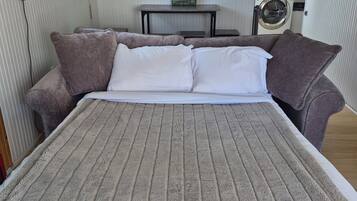 A bedroom with a large bed, two sofas, a table, and a washing machine.