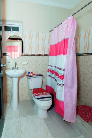 Shower, towels, soap, shampoo