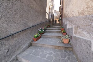 A narrow stone staircase with terracotta planters containing flowers.