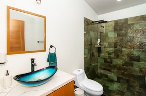 Regadera, secadora de cabello, toallas, jabón 