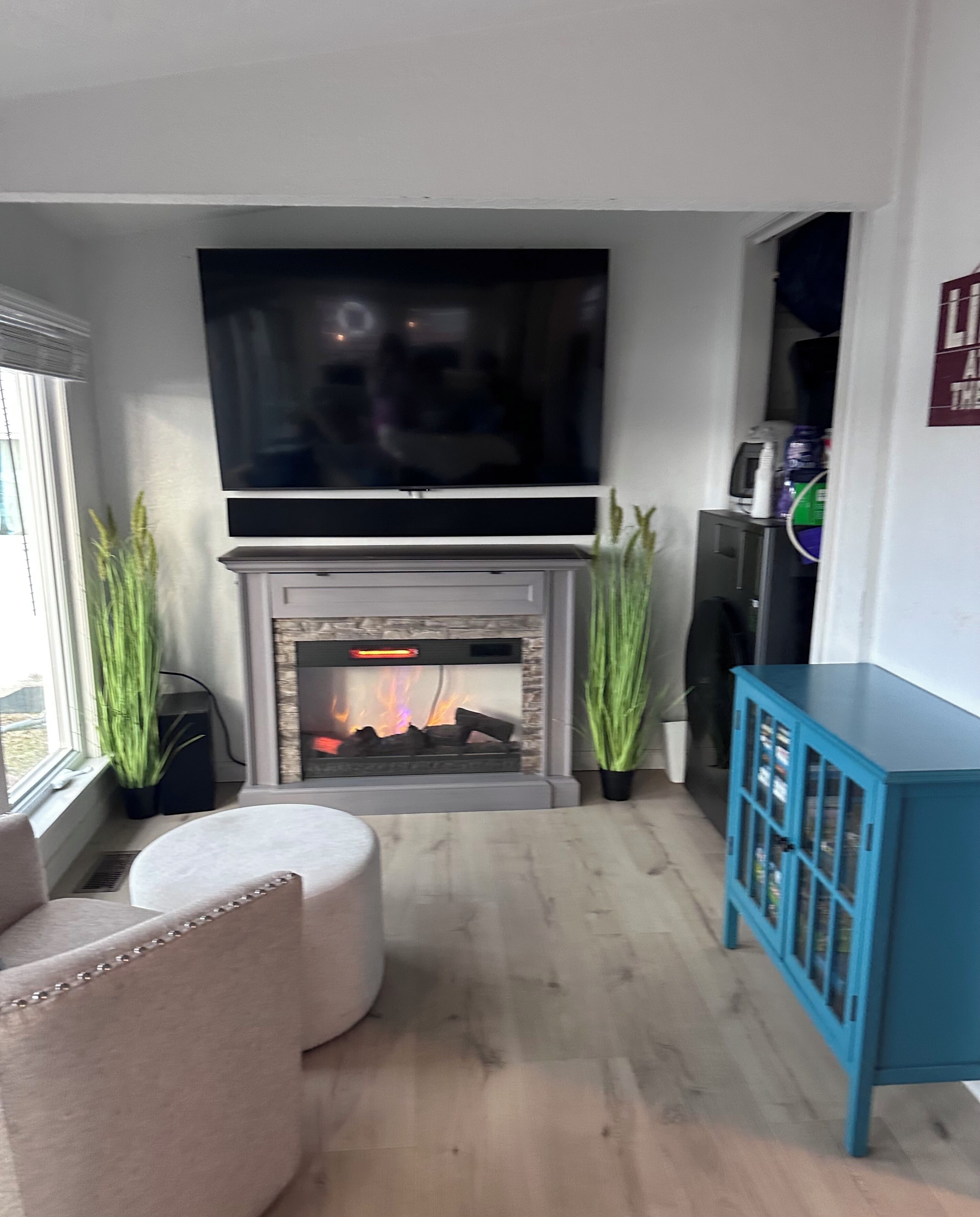 Een woonkamer met een open haard, een flatscreen-tv erboven, een blauwe kast en een raam met planten.