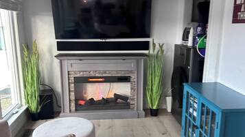 Een woonkamer met een open haard, een flatscreen-tv erboven, een blauwe kast en een raam met planten.