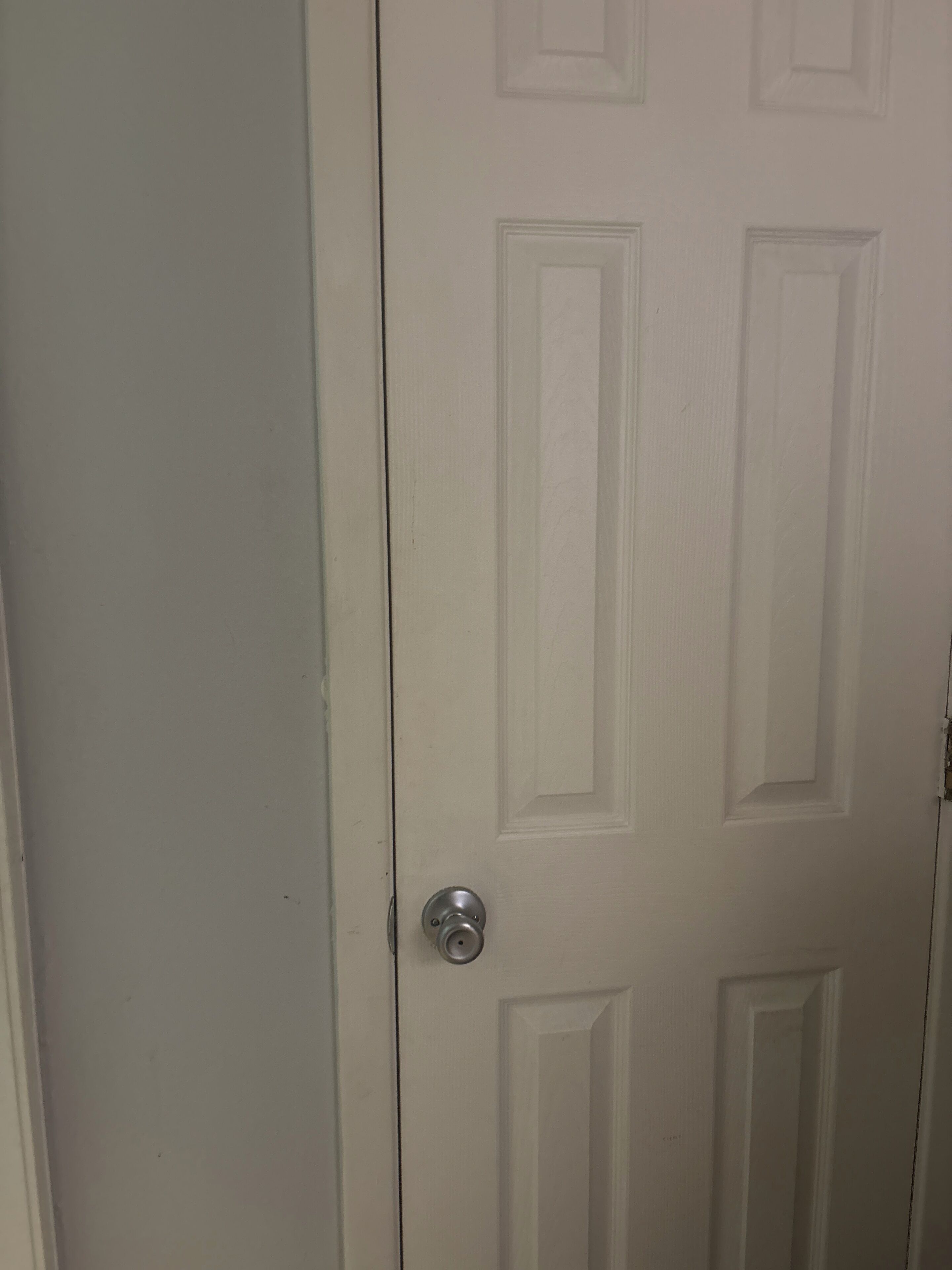 A closed white door with a silver doorknob and a rectangular panel design.