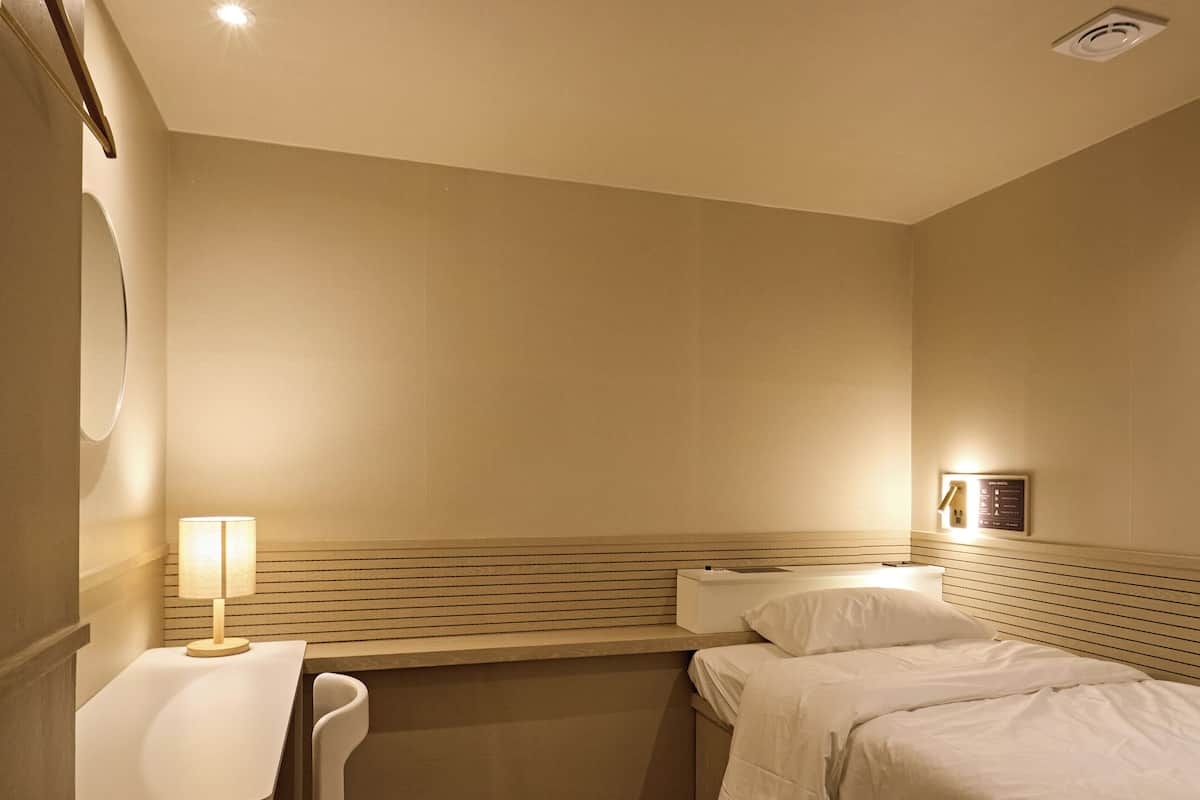 A hotel room with a single bed, a desk, and a chair.