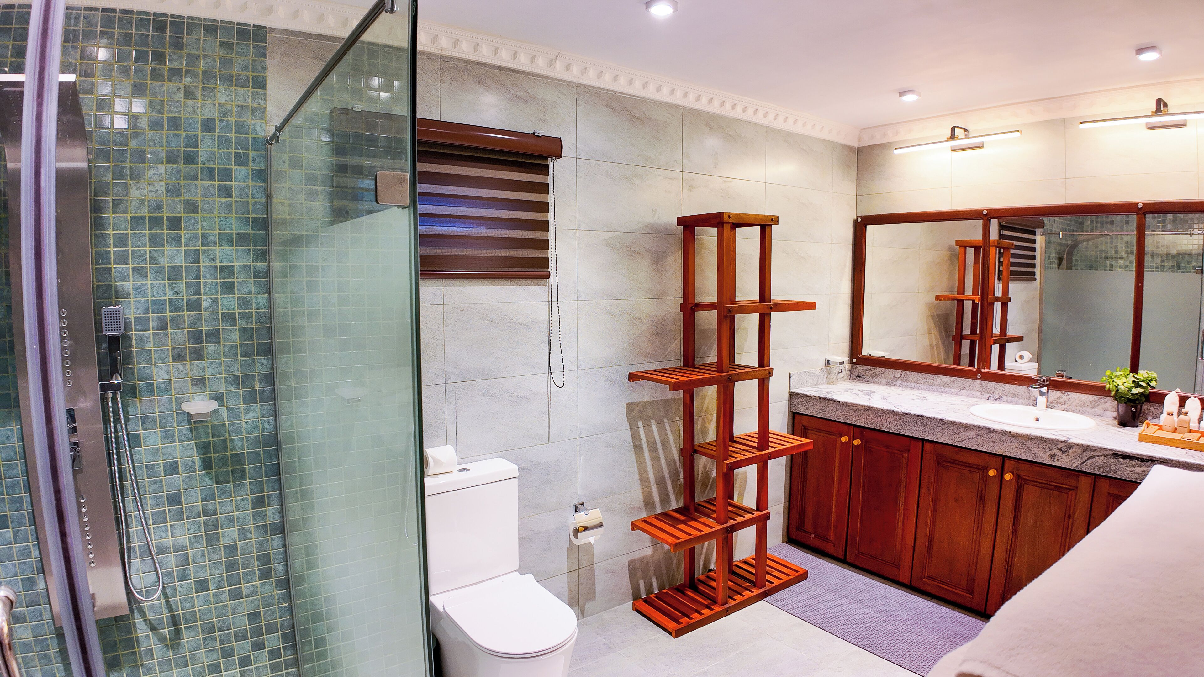 A bathroom with a glass-enclosed shower, a toilet, wooden shelves, a marble countertop, and a large mirror.