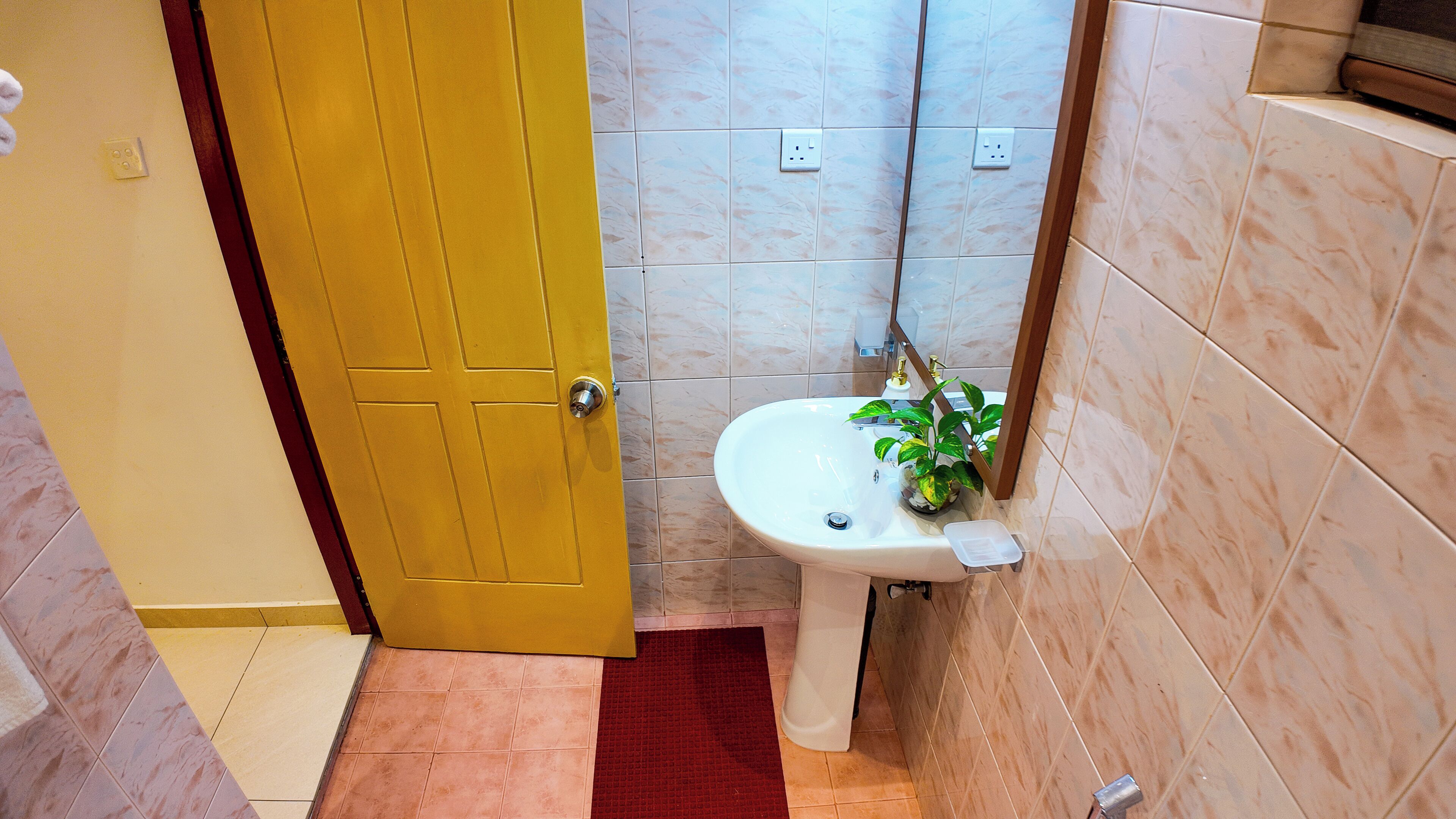 A bathroom with a yellow door, a sink with a plant, and tiled walls.