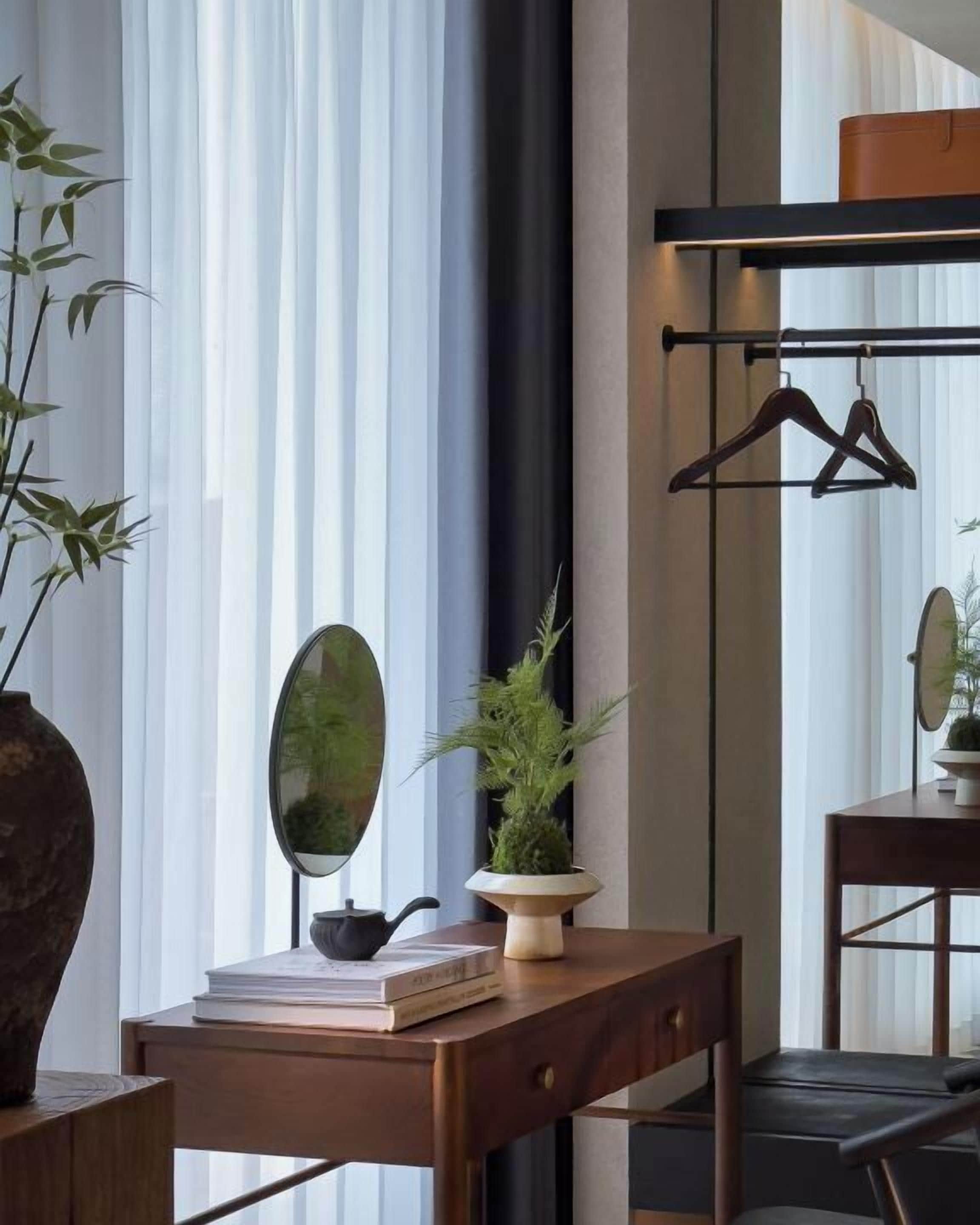 A modern room with a wooden desk, a large potted plant, a mirror, and a hanging coat rack.