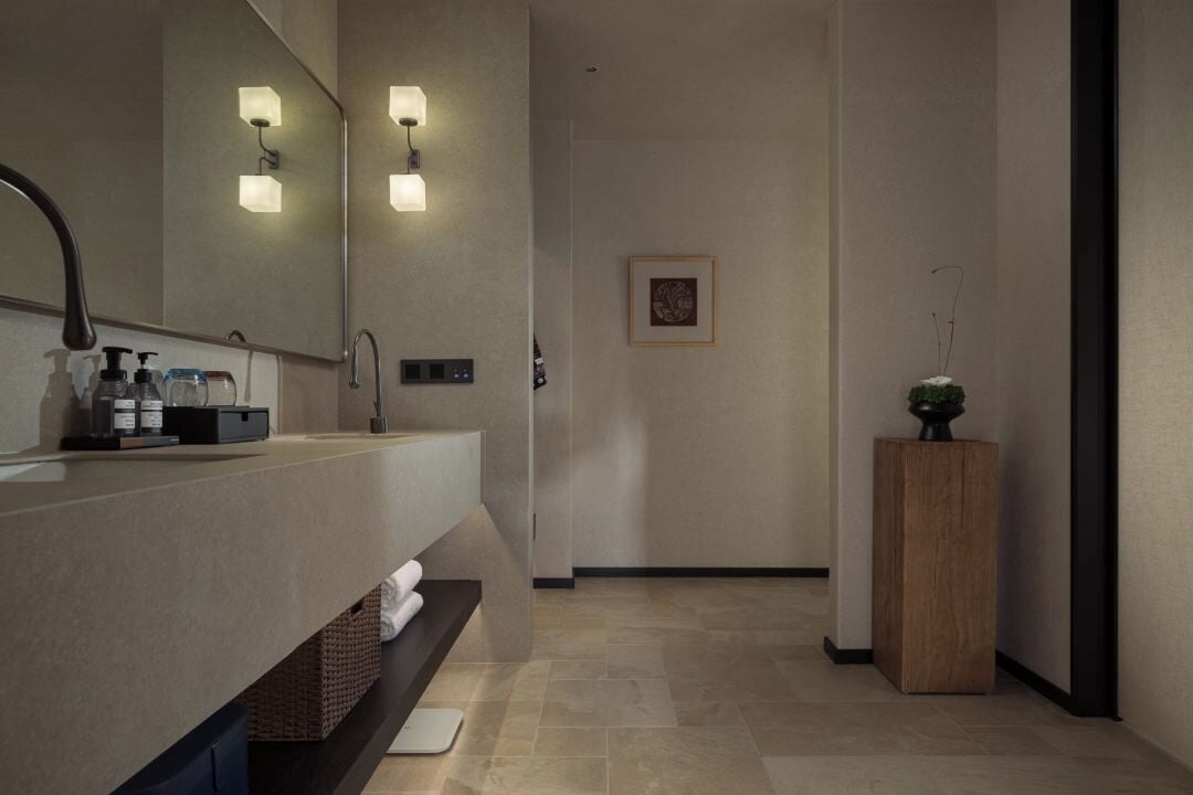 Une salle de bain moderne avec un grand miroir, deux appliques murales, un meuble-lavabo en bois et une petite plante en pot.