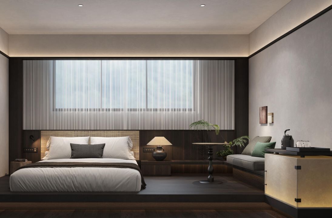 Habitación doble de estilo japonés, 1 cama Queen size | Escritorio, espacio para trabajar con laptop y cortinas blackout 