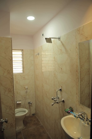 Habitación triple Deluxe | Baño | Regadera, toallas, jabón, shampoo