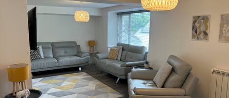 A modern living room with two grey sofas, a patterned rug, and pendant lighting.