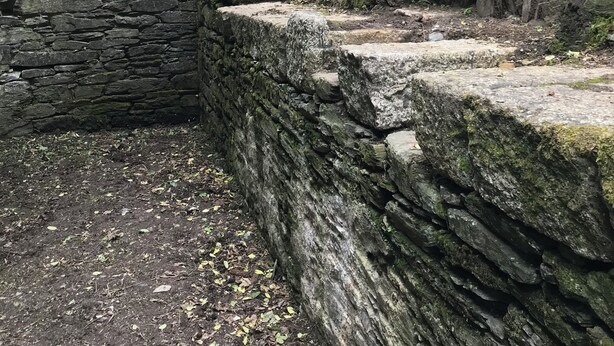 Een stenen trap die leidt naar een houten poort, omgeven door met mos begroeide stenen muren.