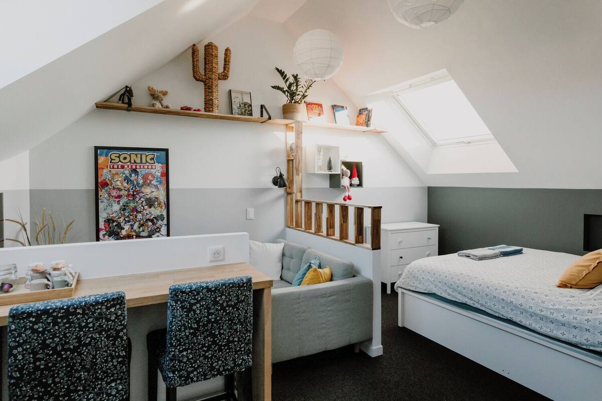 Een gezellige, goed verlichte kamer met een bureau, stoel en bed. Een cactus en een Sonic the Hedgehog poster sieren de muren.