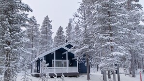 A cabin surrounded by snow-covered trees.