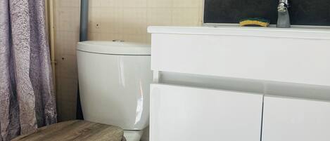 Un baño con inodoro, lavabo y zona de ducha.