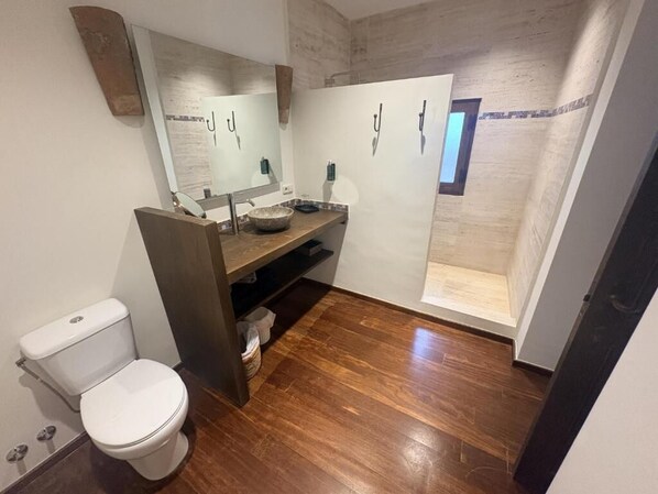 A bathroom with a toilet, sink, and shower area. - Casa del Armiño (Toledo)