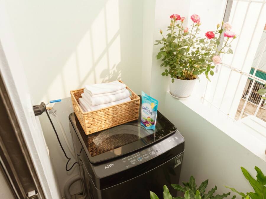 Une petite pièce équipée d’un lave-linge, d’un panier de serviettes pliées, d’une plante en pot aux fleurs roses et d’une fenêtre donnant sur un immeuble.