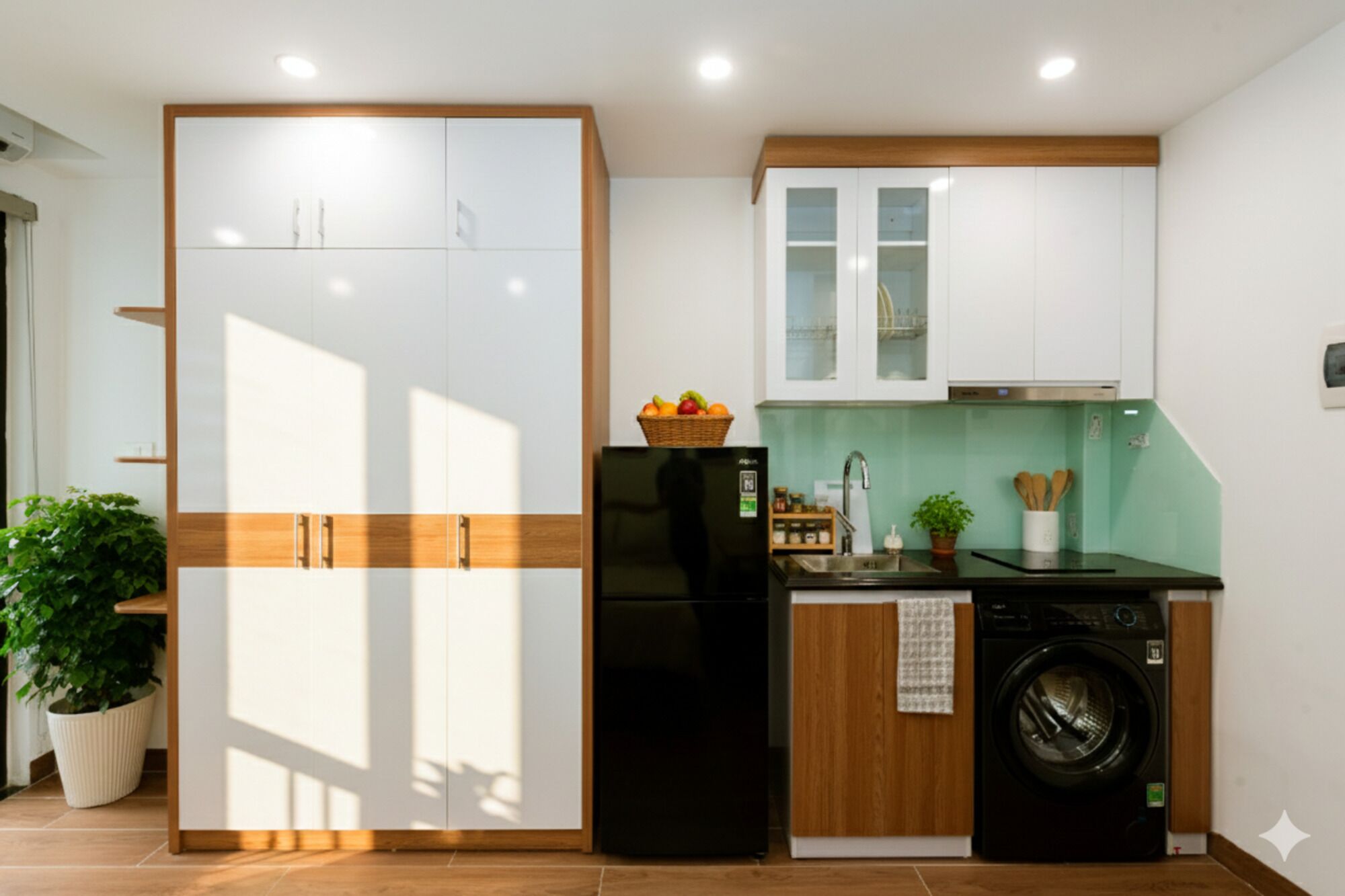 A compact kitchen with white cabinets, a black refrigerator, a washing machine, and a small sink area.